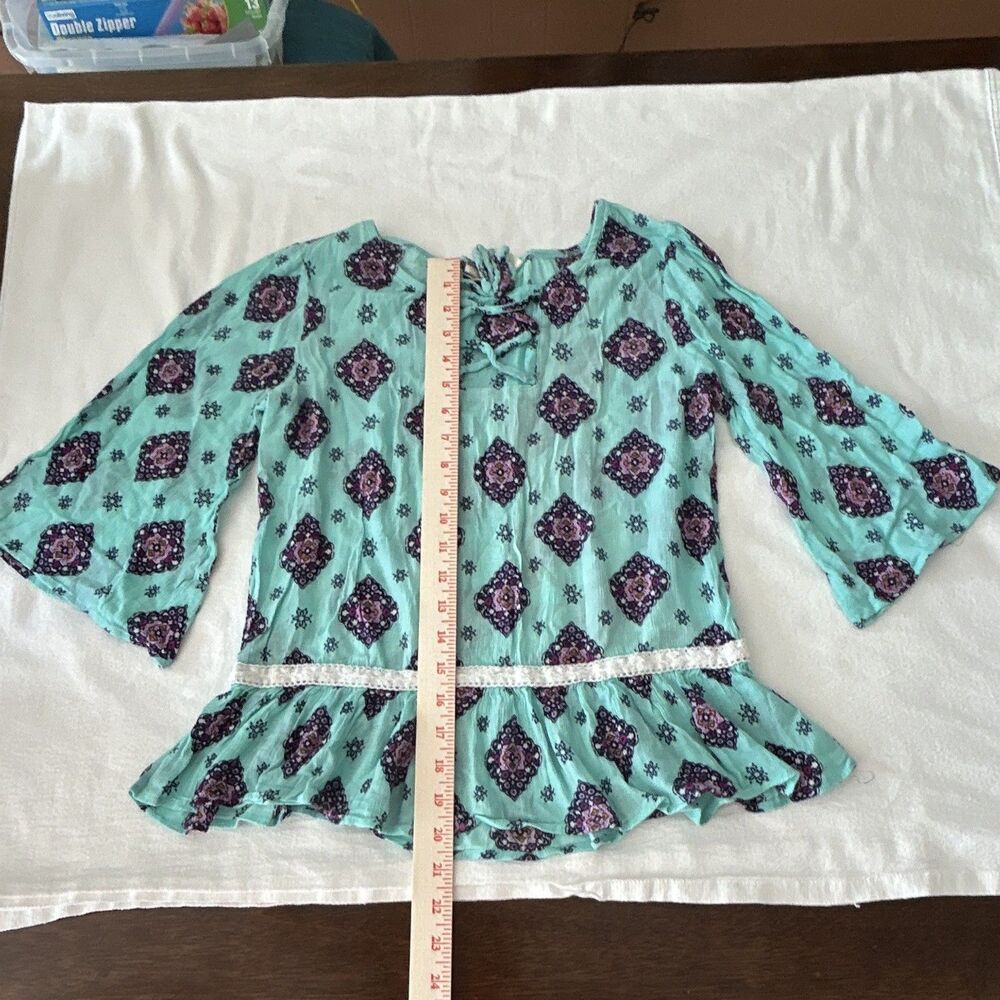 Red Camel Girls XL Blue/Purple Geometric 3/4 Sleeve Round Neck Lace Peplum 0181